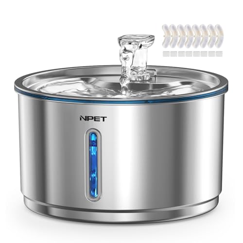 NPET Stainless Steel Cat Water Fountain, 1Gallon/135oz Automatic Pet Drinking Fountain Dog Water Dispenser with 8 Replacement Filters for Cats Indoor
