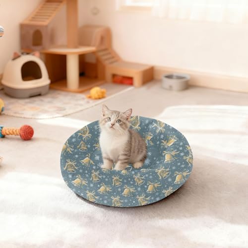 Pet Bed Santa Golden Bells Blue Print, 18" Small Dog Cuddler with Anti-Slip Bottom, Cute Pattern Round Sofa for Indoor Puppies & Kittens, All-Season Comfort - size: Small