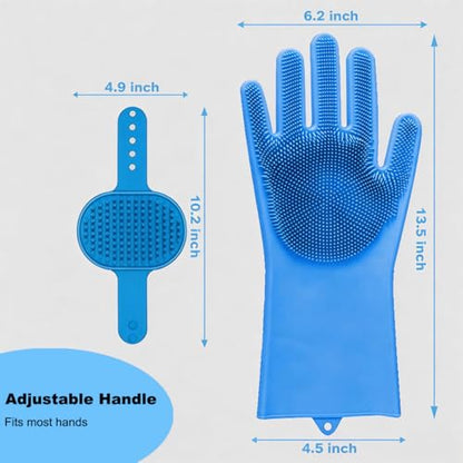 2PCS Dog Washing Gloves and Dog Bath Brush, Pet Shower Mitt with 3000 Soft Rubber Bristles, Adjustable Handle Scrubber for Bath, Massage and Grooming - color: Blue