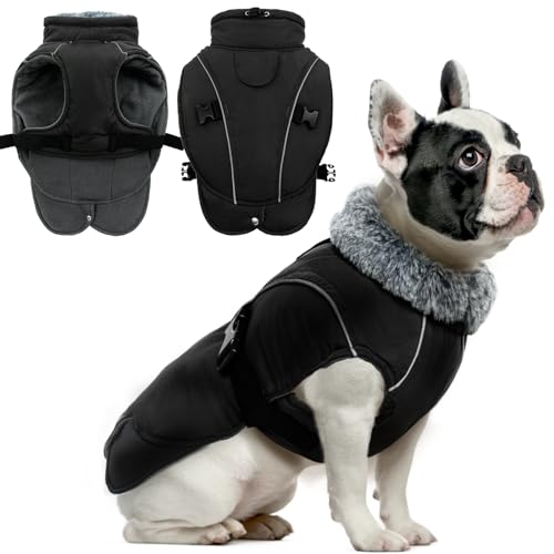 DENTRUN Warm Dog Winter Coat, Easy On Reflective Turtleneck Fleece Jacket | Adjustable buckle, easy on off, windproof & water-repellent, thick fleece snowsuit, outfit fits small to large breeds - color: Black, size: Small