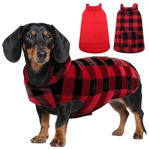 ASENKU Dog Winter Coat, Fleece Doggie Jacket Plaid Reversible Vest Waterproof Windproof Cold Weather Clothes for Small Medium Large Dogs(Red S) - color: Red, size: Small