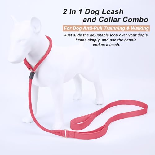 Slip Lead Dog Leash, Dog Training Leash with Double Handle, Soft Leather Slip Leash and Collar, Heavy Duty Nylon Dog Lead, No Pull Walking for Medium Large Small Dogs 6ft Hot Pink - color: Hot Pink, size: 6ft