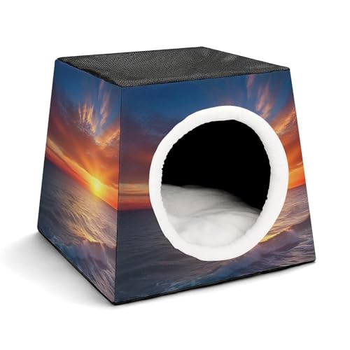 Collapsible Soft Dog Crate Pet Kennel Houses Sea and Sunset Printed Lightweight Travel Crate Kennel Indoor & Outdoor, 13.8"x13.8"x11.8"