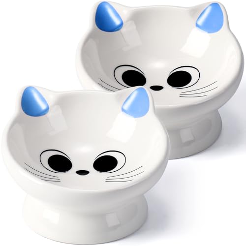 2Pcs Raised Cat Food Bowl Ceramic 15° Tilted Food Bowls Protect Cat's Spine Anti Vomiting Backflow Prevention Cat Bowls for Adult Kitten, and Small Dogs, Blue - color: Blue2P