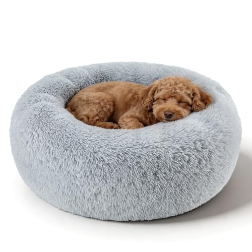 Dog Bed Calming Beds for Small Medium Dogs - Round Donut Washable Dog Bed, Anti-Slip Faux Fur Fluffy Donut Cuddler Anxiety Cat Bed(Light Grey 24") - color: Light Gray, size: 24"L x 24"W x 8"Th