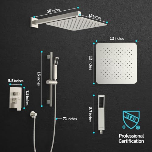 SR SUN RISE 12 Inch Square Shower System, Rain Shower Head and Slide Bar Handheld Shower Faucet Wall Mounted Combo Set Included Valve and Trim Kit for Bathroom, Brushed Nickel - color: Brushed Nickel, style: 12"