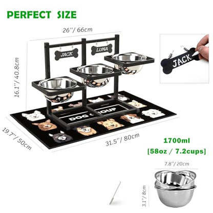 SHAINFUN Elevated Dog Bowls for Medium/Large Dogs with Mat, 6 Height Adjustable Raised Dog Bowls, Three Large 58oz Food Water Stainless Steel Bowls - size: Three 58oz Dog Bowl & Mat