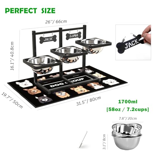 SHAINFUN Elevated Dog Bowls for Medium/Large Dogs with Mat, 6 Height Adjustable Raised Dog Bowls, Three Large 58oz Food Water Stainless Steel Bowls - size: Three 58oz Dog Bowl & Mat