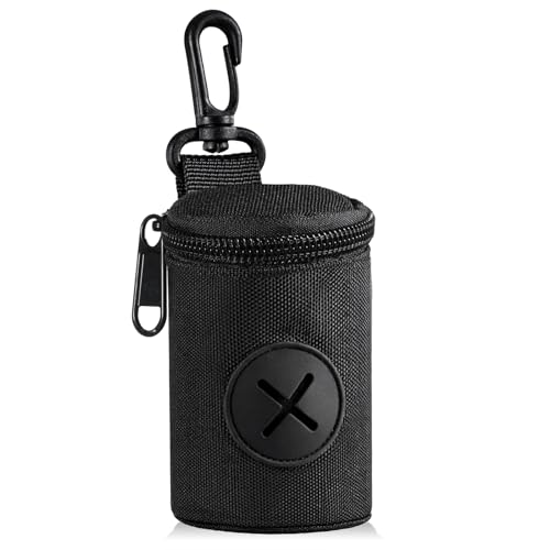 Dog Poop Bag Holder for Leash, Durable Fabric Poop Bag Dispenser with Zipper, Soft Pet Waste Bags Pouch, Small Doggy Puppy Walking Accessories Attachment for Leash (Black)