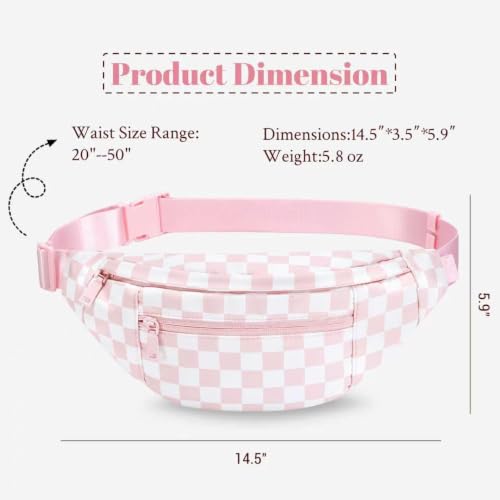 MAXTOP Large Crossbody Fanny Pack with 4-Zipper Pockets,Gifts for Enjoy Sports Festival Workout Traveling Running Casual Hands-Free Wallets Waist Pack Phone Bag Carrying All Phones - color: Checkered-Light Pink, style: Large Fanny Pack(4 Zipper Pockets)