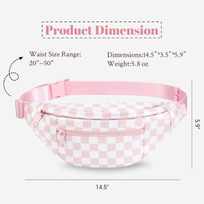 MAXTOP Large Crossbody Fanny Pack with 4-Zipper Pockets,Gifts for Enjoy Sports Festival Workout Traveling Running Casual Hands-Free Wallets Waist Pack Phone Bag Carrying All Phones - color: Checkered-Light Pink, style: Large Fanny Pack(4 Zipper Pockets)