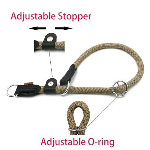 Braided Round Martingale Dog Collar, Training Collar with Slidable Stop Ring and Adjustable Stopper - Ideal for Small Dogs (S(1/4") - 14" Long, Khaki) - color: Khaki, size: S(1/4") - 14" Long with stopper