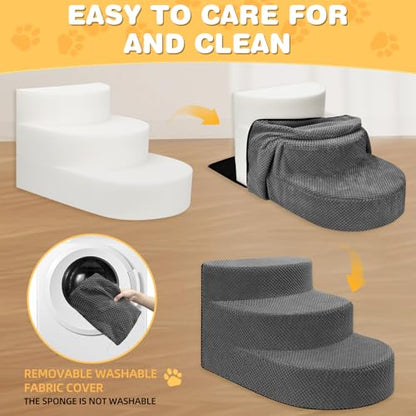 Dog Stairs 3 Steps Foam Pet Ramp for Small Dogs Cats, Grey | Non-slip foam stairs with washable cover, ideal for beds & sofas. Sturdy, safe & easy to clean. - color: Gray-3-Step