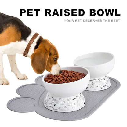 Ceramic Raised Cat Bowl Set | Elevated Food and Water Bowls for Cats and Small Dogs | 2 Pack Tilted With Anti-Slip Silicone Mat (Gray) - color: gray