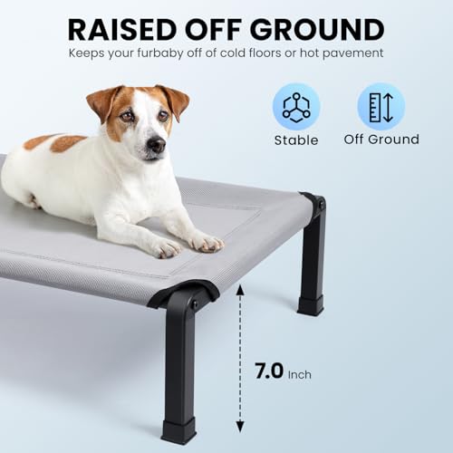 Heeyoo Elevated Dog Bed, Cooling Raised Pet Cot with Chew Proof Mesh Fabric and Steel Frame, Portable Dog Cot Bed with No-Slip Rubber Feet, 26 in - color: Grey, size: 26"L x 17"W x 7"H
