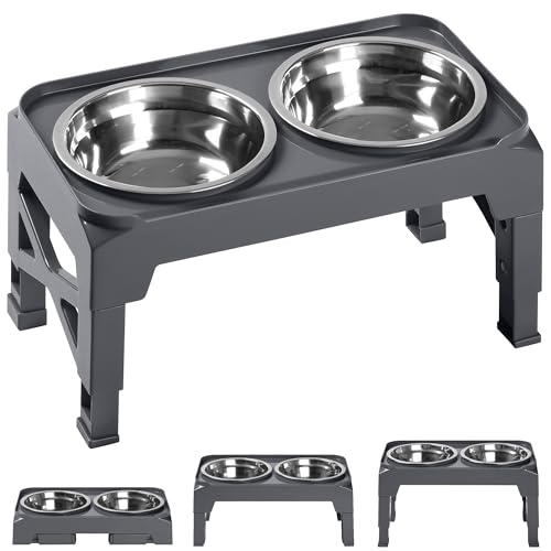 Hubulk Elevated Dog Bowls with 2 Stainless Steel Dog Food & Water Raised Bowls with No Spill Edge Non-Slip Stand Adjusts to 3 Heights(2.75", 6.0", 7.5") for Small Medium Dogs and Pet - color: Grey, size: S (6" for Small Dogs)