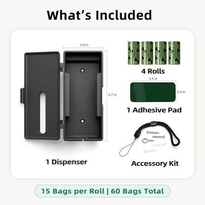 URSPET Dog Poop Bag Dispenser with 4 Rolls, Wall Mount Pet Waste Holder | Stick-On or Screw-On, Viewing Window, Easy Bag Pull, Flip-Top Refill, 60 Bags Included, Indoor and Outdoor Use - color: Black