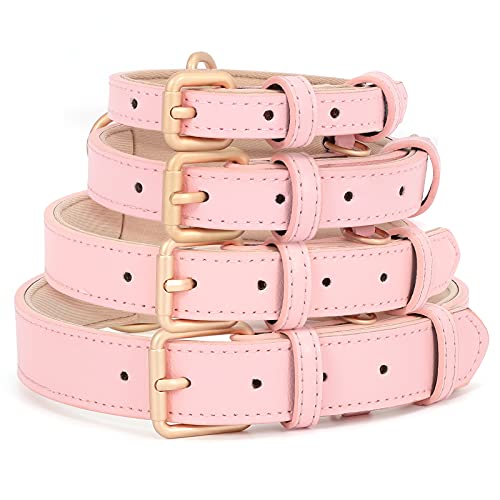 WHIPPY Leather Dog Collar for Small Medium Large Dog Adjustable Soft Breathable Leather Padded Puppy Collar with Alloy Buckle Heavy Duty Waterproof Classic Dog Pet Collar,Pink,S - color: pink, size: S:11" - 14"(0.79"width)