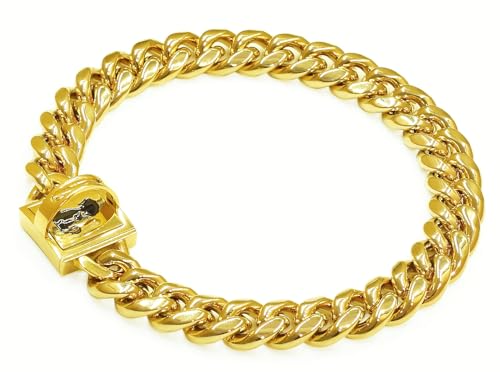 Heavy Duty Cuban Link Chain Dog Collars 15MM Gold/Silver Stainless Steel Metal Walking Training Collars with Cute Secure Design Buckle, Chew Proof, for Large Medium Small Dogs (Gold, 22'') - color: Gold, size: 22inches