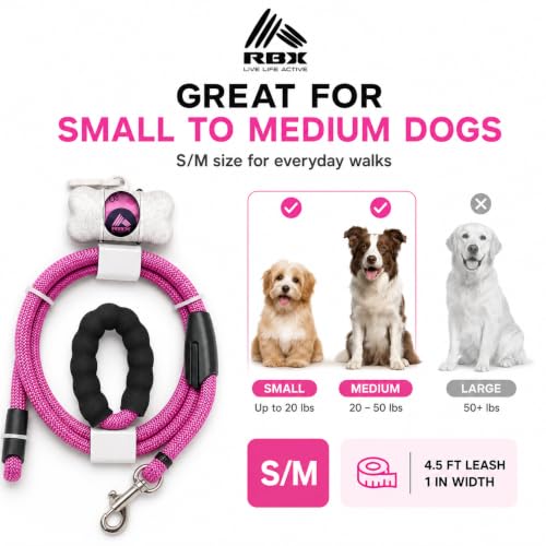 RBX Rope Dog Leash Set, 5 ft Padded Handle Leash for Small/Medium Dogs with 360° Swivel Clip, Poop Bag Dispenser, 20 Waste Bags, Durable Walking Lead for Daily Use - color: Pink