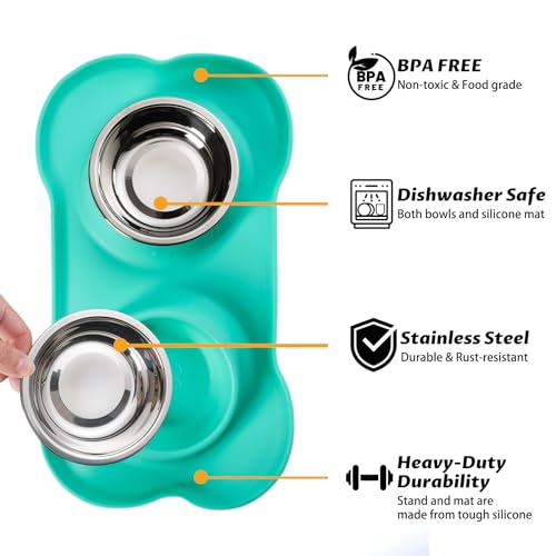Hubulk Pet Dog Bowls 2 Stainless Steel Dog Bowl with No Spill Non-Skid Silicone Mat + Pet Food Scoop Water and Food Feeder Bowls for Feeding Small Medium Large Dogs Cats Puppies (Medium, Mint Green) - color: Mint Green, size: Medium