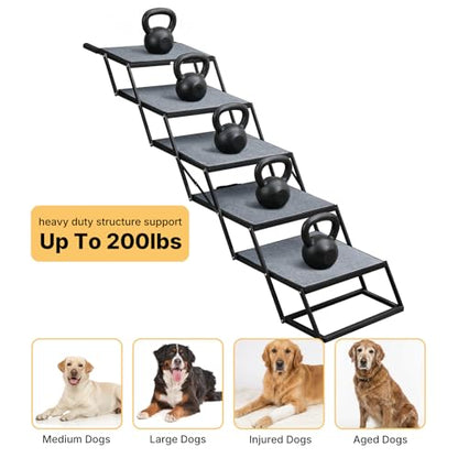 Veehoo Collapsible Dog Stairs for Large Dogs Extra Wide, 5 Steps Folding Dog Steps for Car Truck SUV 20" Wide, Heavy Duty Pet Loader Ramp Ladder Portable with Non Slip Surface, Support up to 200lbs - size: 5 Steps