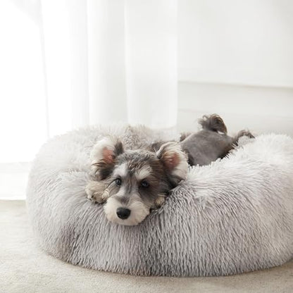 WESTERN HOME WH Calming Dog & Cat Bed, Anti-Anxiety Donut Cuddler Warming Cozy Soft Round Bed, Fluffy Faux Fur Plush Cushion Bed for Small Medium Dogs and Cats (20"/24"/27"/30"), White Grey - color: White Grey, size: 24.0"l x 24.0"w x 7.0"th