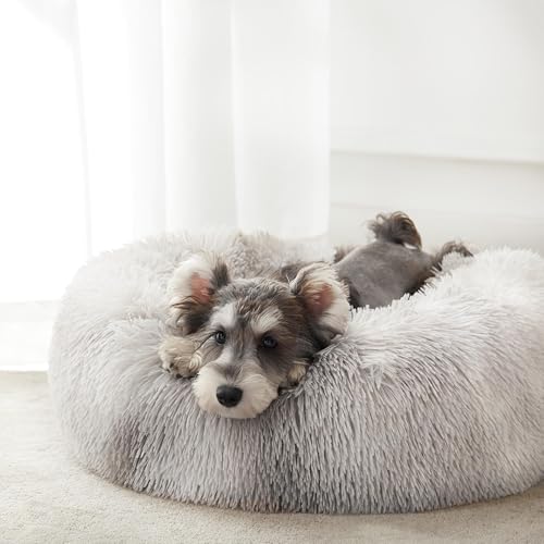 WESTERN HOME WH Calming Dog & Cat Bed, Anti-Anxiety Donut Cuddler Warming Cozy Soft Round Bed, Fluffy Faux Fur Plush Cushion Bed for Small Medium Dogs and Cats (20"/24"/27"/30"), White Grey - color: White Grey, size: 24.0"l x 24.0"w x 7.0"th