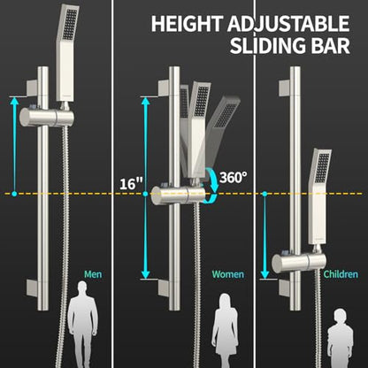 SR SUN RISE 12 Inch Square Shower System, Rain Shower Head and Slide Bar Handheld Shower Faucet Wall Mounted Combo Set Included Valve and Trim Kit for Bathroom, Brushed Nickel - color: Brushed Nickel, style: 12"