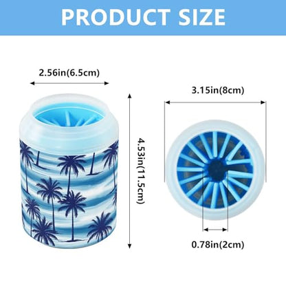 Tropical Palm Ocean Blue Print Dog Paw Cleaner Cup with Soft Silicone Brush, Small Lightweight Portable Muddy Paw Washer for Dogs, Easy to Use Pet Foot Cleaner