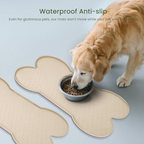 PWTAA Dog Food Mat Anti-Slip Silicone Dog Bowl Mat Thicker Pet Placemat Waterproof Cat Feeder Pad with Raised Edge Puppy Kitten Feeding Mats Suitable Small Medium-Sized Dogs Cats Eating Tray - 2PCS - color: Beige, size: 25.6" x 13"-2PCS