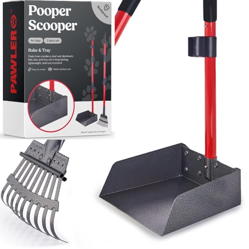 Pawler Pooper Scooper for Large Dogs and Small Dogs, Metal Poop Scooper Set with Long Handle Rake and Heavy Duty Tray for Yard, Grass, Dirt or Gravel, Heavy Duty Aluminum Poop Picker Upper - color: 2 Piece Set - Standard