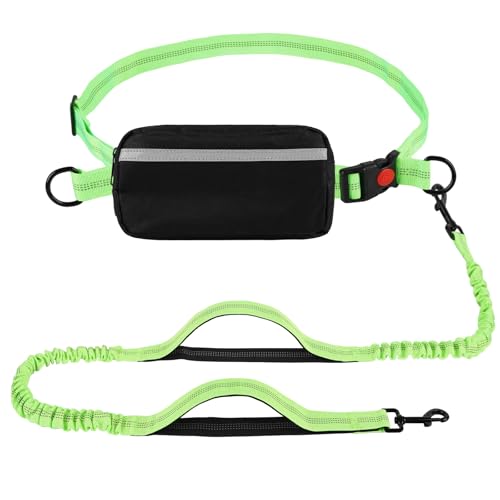 Hands Free Dog Leash with Zipper Pouch, Dual Padded Handles, Shock Absorbing Bungee Leash for Small Medium Large Dogs, Ideal for Walking Jogging Running Hiking (Green) - color: Green