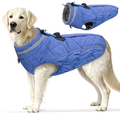Dog Coat, Warm Dog Winter Coat for Large Dogs, Waterproof Jacket with Harness Built in, Reflective Turtleneck Cold Weather Coats with Zipper,Pet Fleece Vest Snow Jacket, Blue L - color: Blue, size: L
