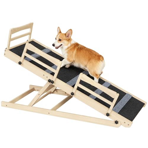 HOOBRO Dog Ramp for Bed, 47.2" Long Foldable Pet Ramp with Non-Slip Mat and Side Rails, Wooden Dog Ramp for High Beds, Couch and Car, 5 Height Adjustable from 15.6" to 25.2", Natural, NB42PT03 - size: 47.2"L x 17.7"W x 3.7"H