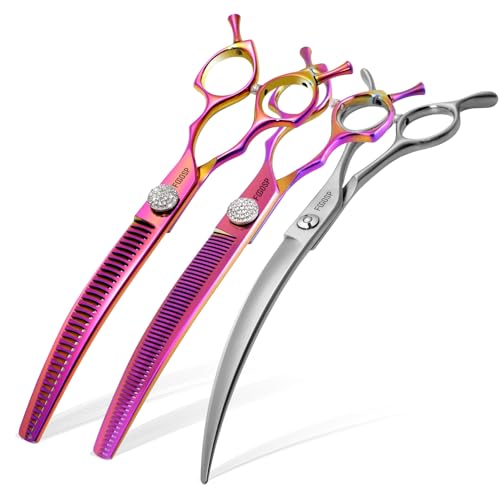 45°Curved Dog Grooming Scissors Curved Thinning Shears Curved Chunkers Dog Shears 3Pcs Combo (RoseRed) - color: Rose Red, size: 7.5 in 3PCS Set