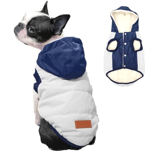 Vecomfy Fleece Lining Extra Warm Dog Hoodie in Winter,Small Dog Jacket Puppy Coats with Hooded,Beige and Blue XS - color: Beige and Blue, size: X-Small (Pack of 1)