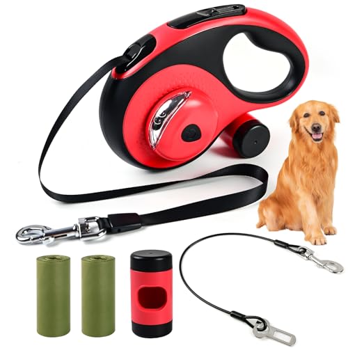 Heavy Duty Retractable Dog Leash for Large Dogs, 26ft Dog Leash with Poop Bag Holder, Up to 110lbs, chew Proof Cable, LED Light, 360° No-Tangle, One-Handed Pause & Locked (Red, L 26ft) - color: Red