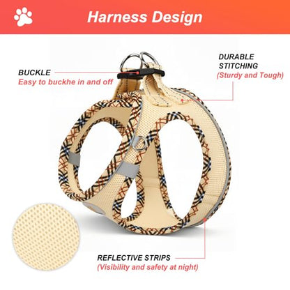 Hipubby Dog Harness Small Sized and Leash Set, No Pull Soft Mesh Puppy Vest, Reflective Breathable Lightweight Pet Harness, Harness for Small Medium Dogs and Cats - Khaki/Tirm, S - color: Khaki/Tirm, size: S (Chest: 14.5"-16")