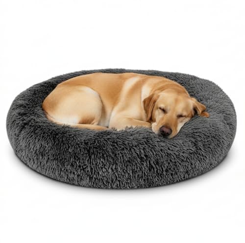 The Dog’s Bed Calming Donut Dog Bed, Plush Faux Fur Round Cuddler Nest – CertiPUR-Certified Foam, One-Piece Design, Raised Bolster – Large (36"), Grey