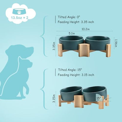 SPUNKYJUNKY 15° Slanted Ceramic Dog and Cat Bowl with Wooden Stand, Tilted Bulldog Food and Water Bowl No Slip Non-Spill for Cats Medium Dogs Big Face Pets 13.5 OZ (1.7 Cups, Green × 2) - color: Green, size: 1.7 CUPS × 2