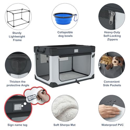 30 Inch Portable Dog Crate, Collapsible Dog Travel Crate for Indoor and Outdoor Use, 3-Door Foldable Soft Kenne with Mesh Windows, Warm Blanket and Foldable Bowl - size: 30.0"L x 21.0"W x 21.0"H