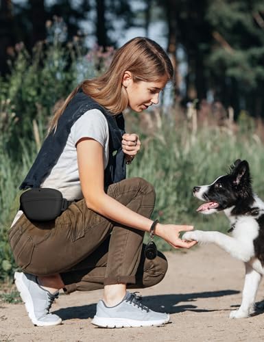 heouvo Dog Treat Pouch with Training Clicker, Upgrade Stronger Magnetic Closure to Avoid Spilling, 1.67 Cup Silicone Treat Bag Fanny Pack with Waist Belt for Pet Training Walking (Black) - color: Black