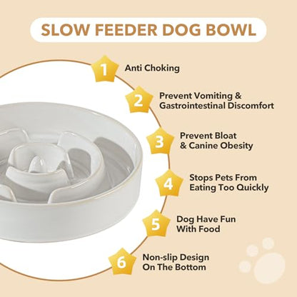 Havniva 1.6 Cup Elevated Slow Feeder Dog Bowls, 8.2” Dog Slow Feeding Bowls + 7.3” Ceramic Dog Water Bowls Set with Acacia Wood Stand Dog Food Bowls Puzzle Feeder for Medium Dogs Non-Slip Anti-choking - color: 2 x White + Stand - A, size: L- 8.2inch / 1.6