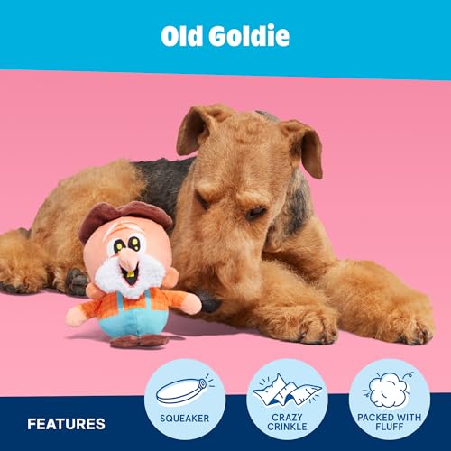 BarkBox Old Goldie Dog Toy | Plush Snack Pack Mascot Toy with Squeaker, Crinkle and Fluff | Fun for Dogs - color: Old Goldie