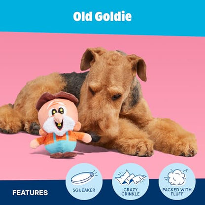 BarkBox Old Goldie Dog Toy | Plush Snack Pack Mascot Toy with Squeaker, Crinkle and Fluff | Fun for Dogs - color: Old Goldie