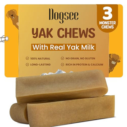 Dogsee Himalayan Yak Chews (Monster/XL- 3 Chews).100% Natural, 60% Protein, Dog Treats for Large Breed Dog Chews for Dogs Over 55 lbs - size: Monster (Pack of 3)