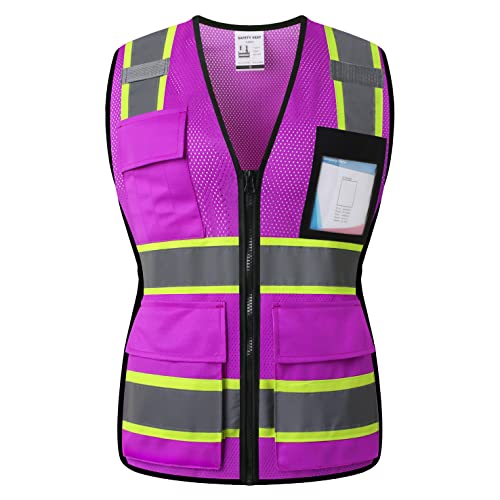Safety Vest for Women High Visibility Vest with 8 Pockets and Front Zipper Mesh Reflective Vest Meets ANSI/ISEA Standards(Purple-17, Medium) - color: Purple-17, size: Medium