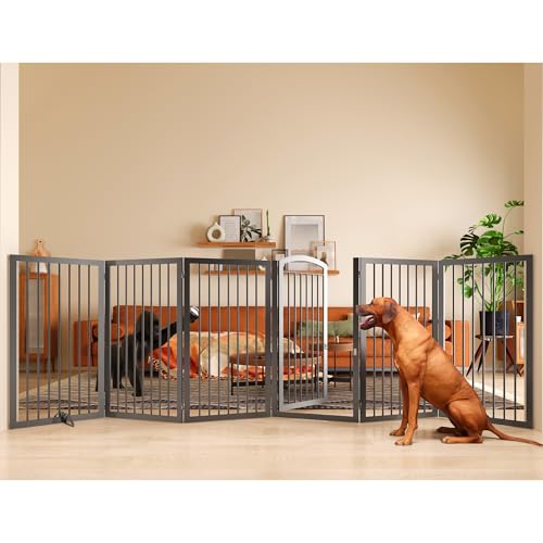 JSB 144-inch Extra Wide 30-inch Tall Dog gate with Door Walk Through, Freestanding Round Tube Pet Gate for Halls Stairs, Puppy Safety Dog Fence with 2PCS Support Feet (Black) - color: Round Tube Black, size: 144 x 30 inches