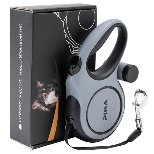 PINA Upgraded Retractable Dog Leash, 26 ft Dog Leash for Small Medium Large Dogs Up to 110lbs, Heavy Duty Reflective Nylon Tape 360° Tangle-Free, with Anti-Slip Handle, One-Handed Brake, Pause, Lock - color: Grey